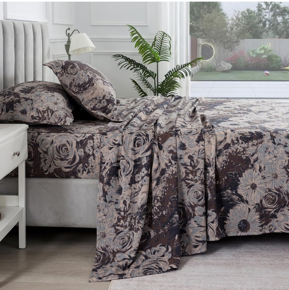 Brown Floral Muslin Sheets California King, Shabby Rose Daisy Chic Soft Deep Poc